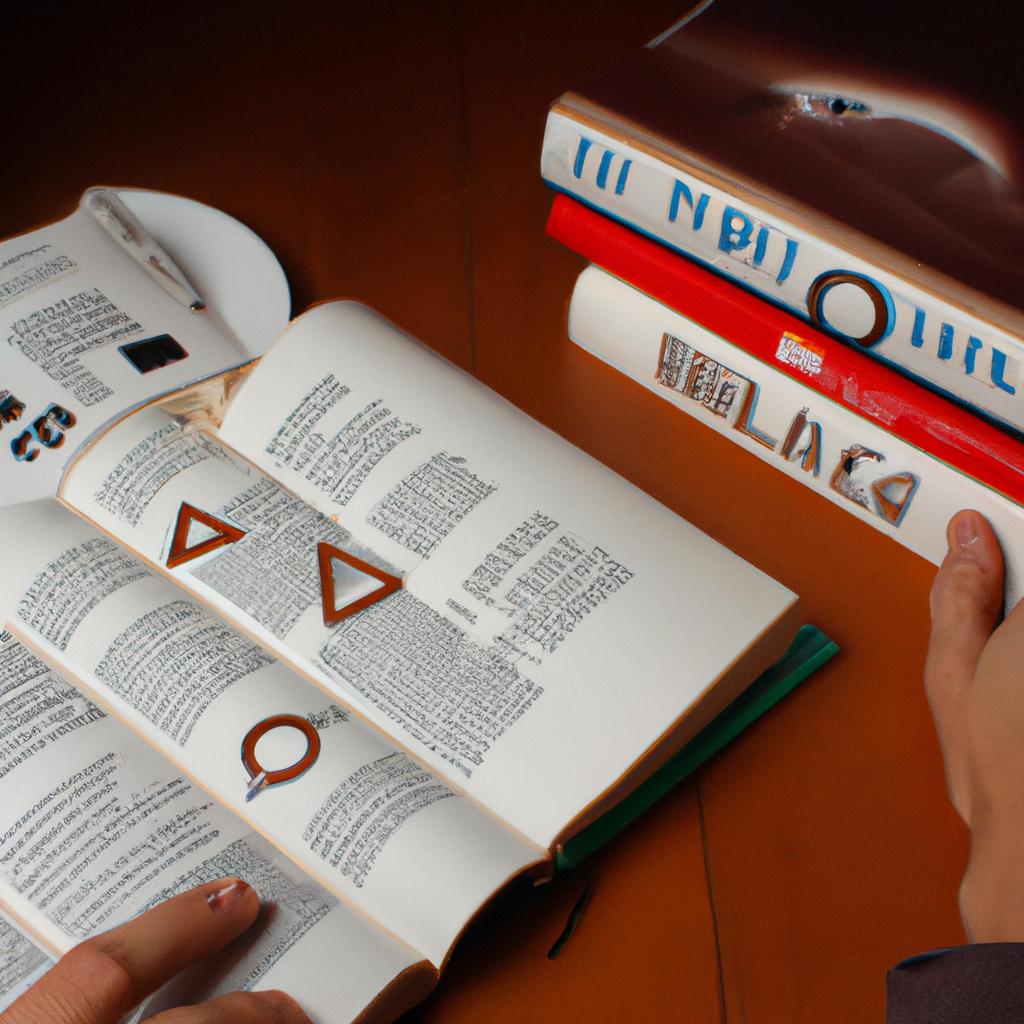 Person analyzing books with symbols
